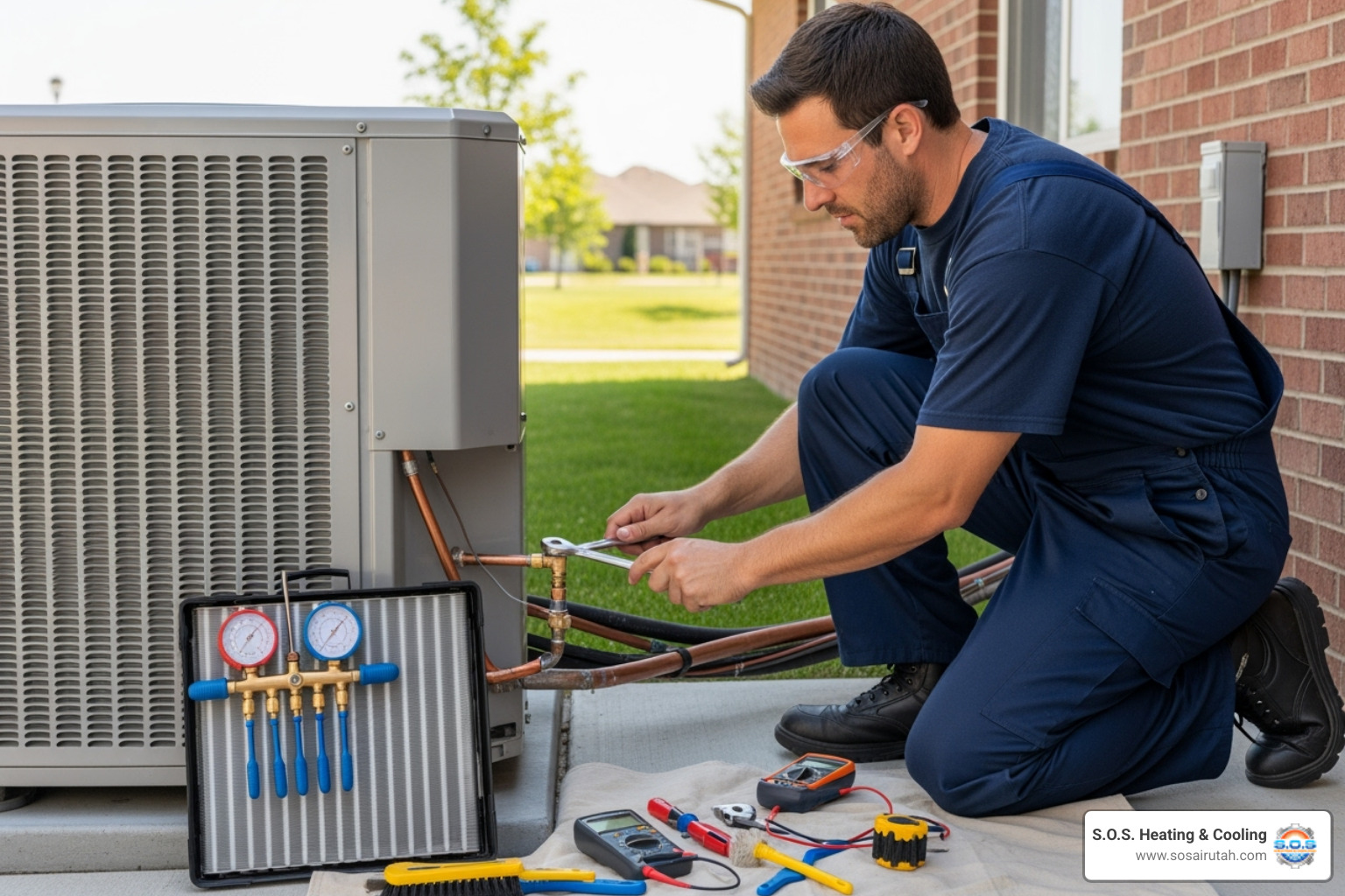 a technician servicing an outdoor air conditioning unit - hvac services salt lake city