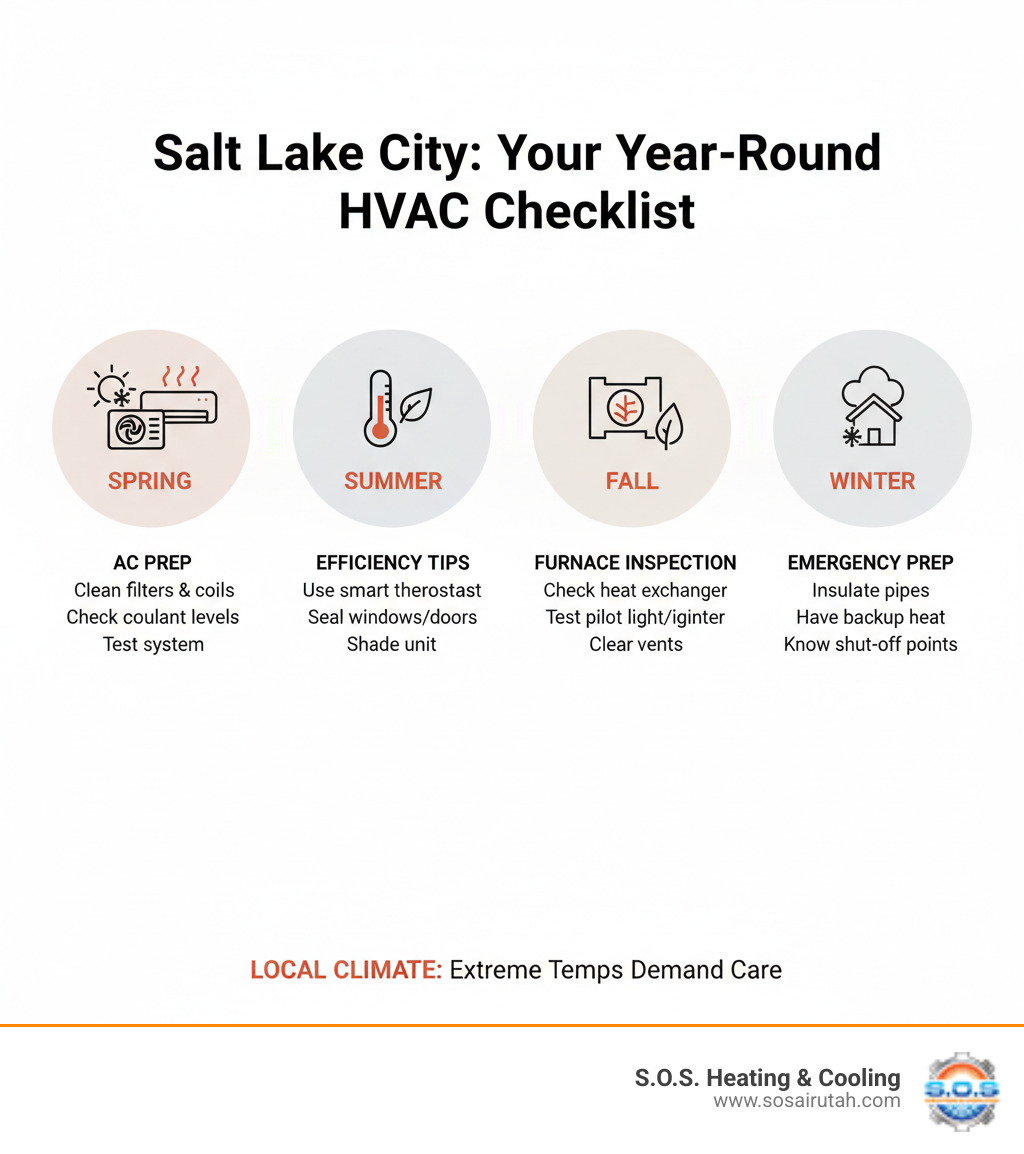 Infographic showing seasonal HVAC maintenance checklist for Salt Lake City homeowners, including spring AC preparation, summer efficiency tips, fall furnace inspection, and winter emergency preparedness with local climate considerations - hvac services salt lake city infographic 