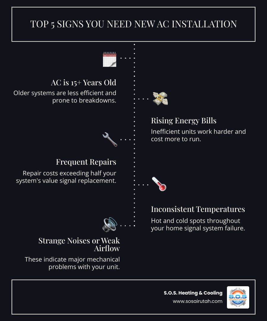 Infographic showing the top 5 signs it's time to replace your air conditioner: AC unit over 15 years old with calendar icons, rising energy bills with dollar signs and upward arrow, frequent repairs with wrench icons, inconsistent home temperatures with thermometer readings, and strange noises/weak airflow with sound waves and airflow symbols - ac installation salt lake city infographic infographic-line-5-steps-dark Infographic showing the top 5 signs it's time to replace your air conditioner: AC unit over 15 years old with calendar icons, rising energy bills with dollar signs and upward arrow, frequent repairs with wrench icons, inconsistent home temperatures with thermometer readings, and strange noises/weak airflow with sound waves and airflow symbols - ac installation salt lake city infographic infographic-line-5-steps-dark