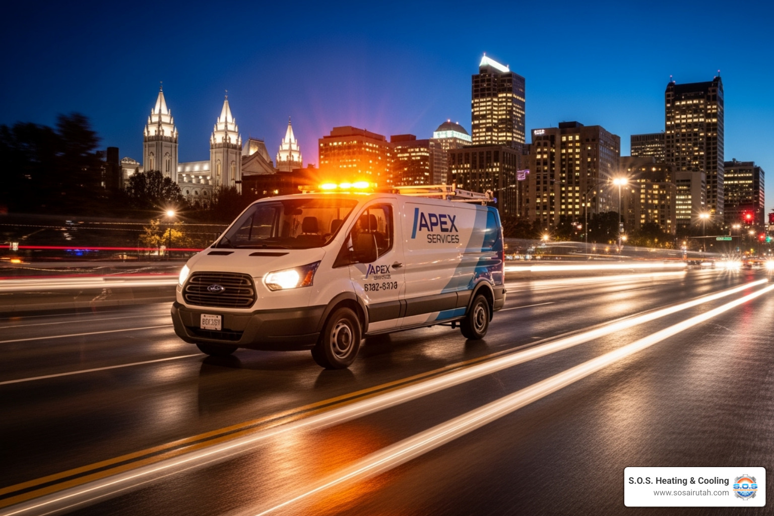 Service van driving at night with Salt Lake City in the background - 24 hour ac repair salt lake Service van driving at night with Salt Lake City in the background - 24 hour ac repair salt lake