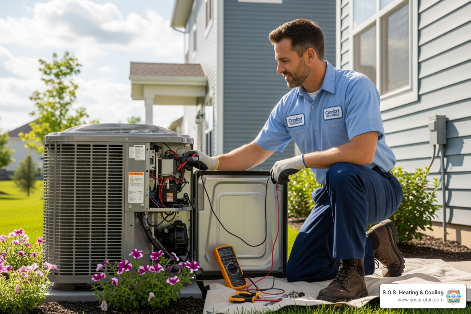 Friendly, professional technician diagnosing an AC unit - 24 hour ac repair salt lake Friendly, professional technician diagnosing an AC unit - 24 hour ac repair salt lake