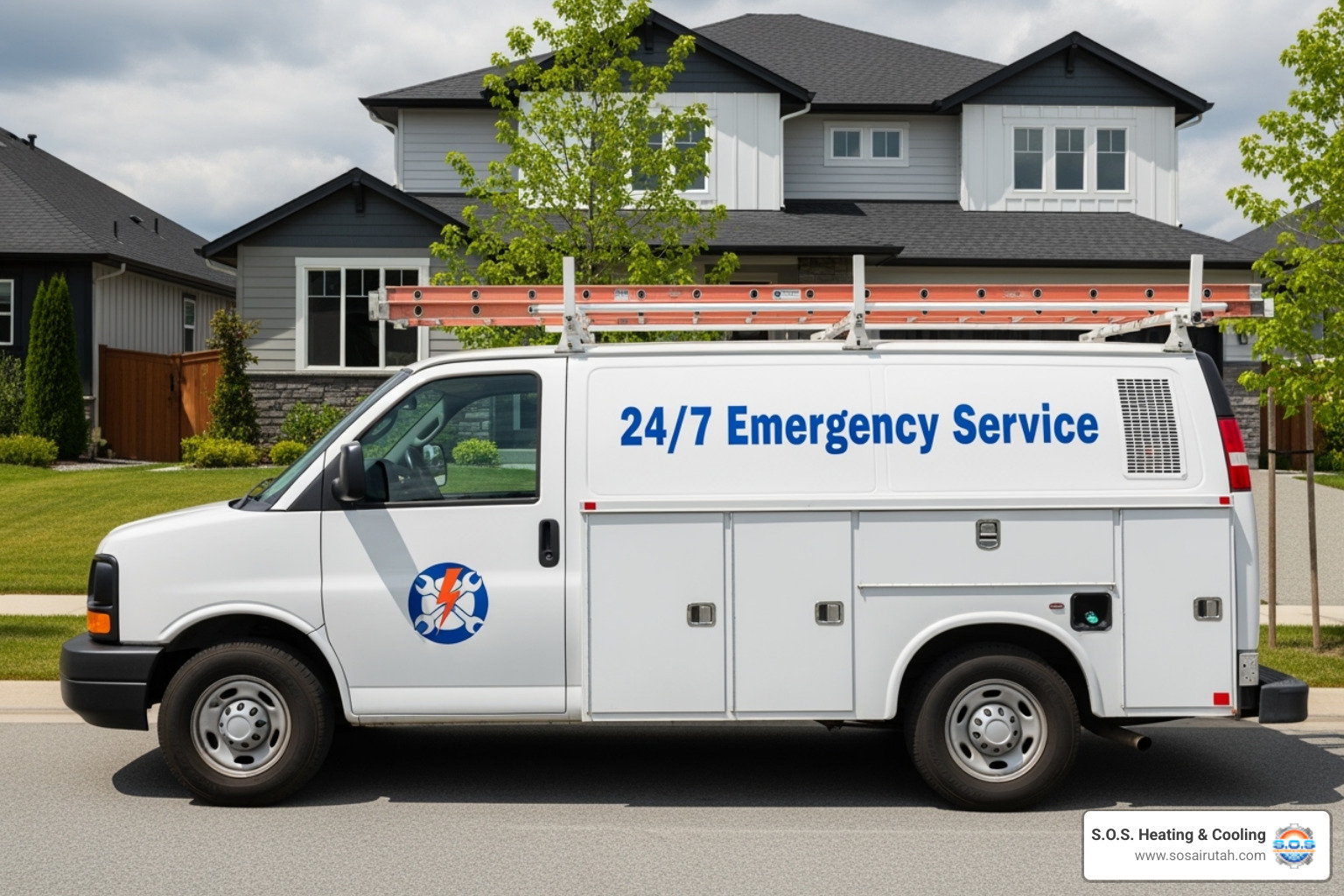 A white service van with "24/7 Emergency Service" clearly visible on the side, parked in front of a residential home - emergency heating repair utah