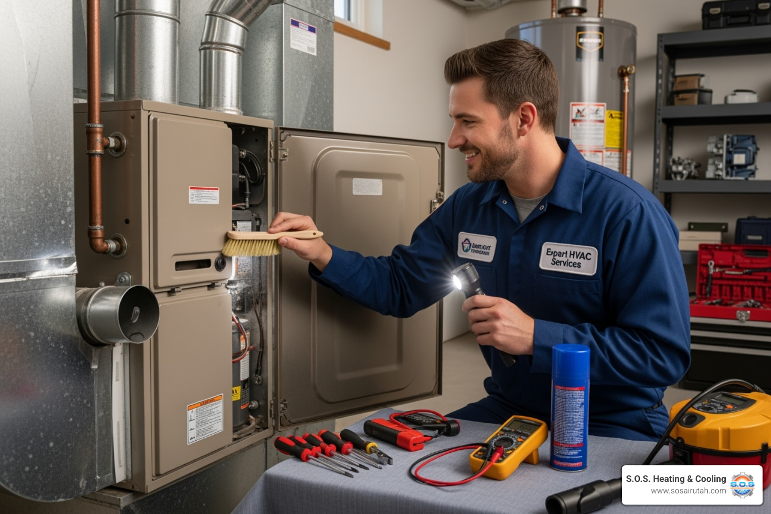A friendly technician in a uniform is diligently performing annual maintenance on a furnace, checking components and cleaning parts, ensuring it's ready for winter - emergency heating repair utah