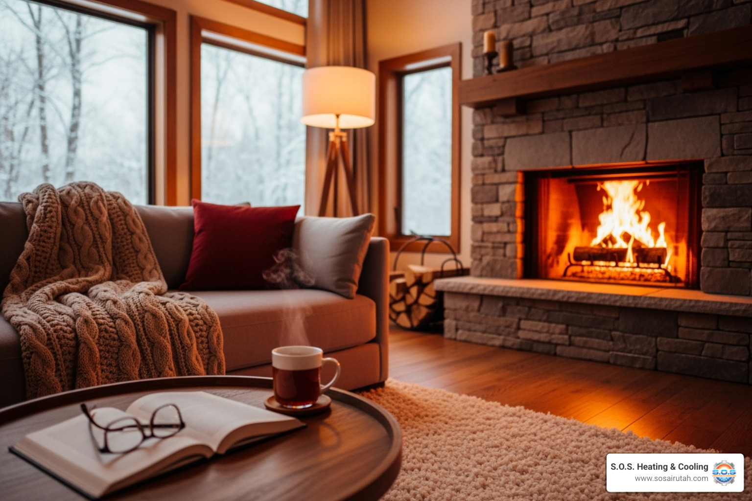 A warm and inviting living room scene in winter, with a fireplace glowing and a cozy blanket draped over a sofa, conveying comfort and safety - emergency heating repair utah