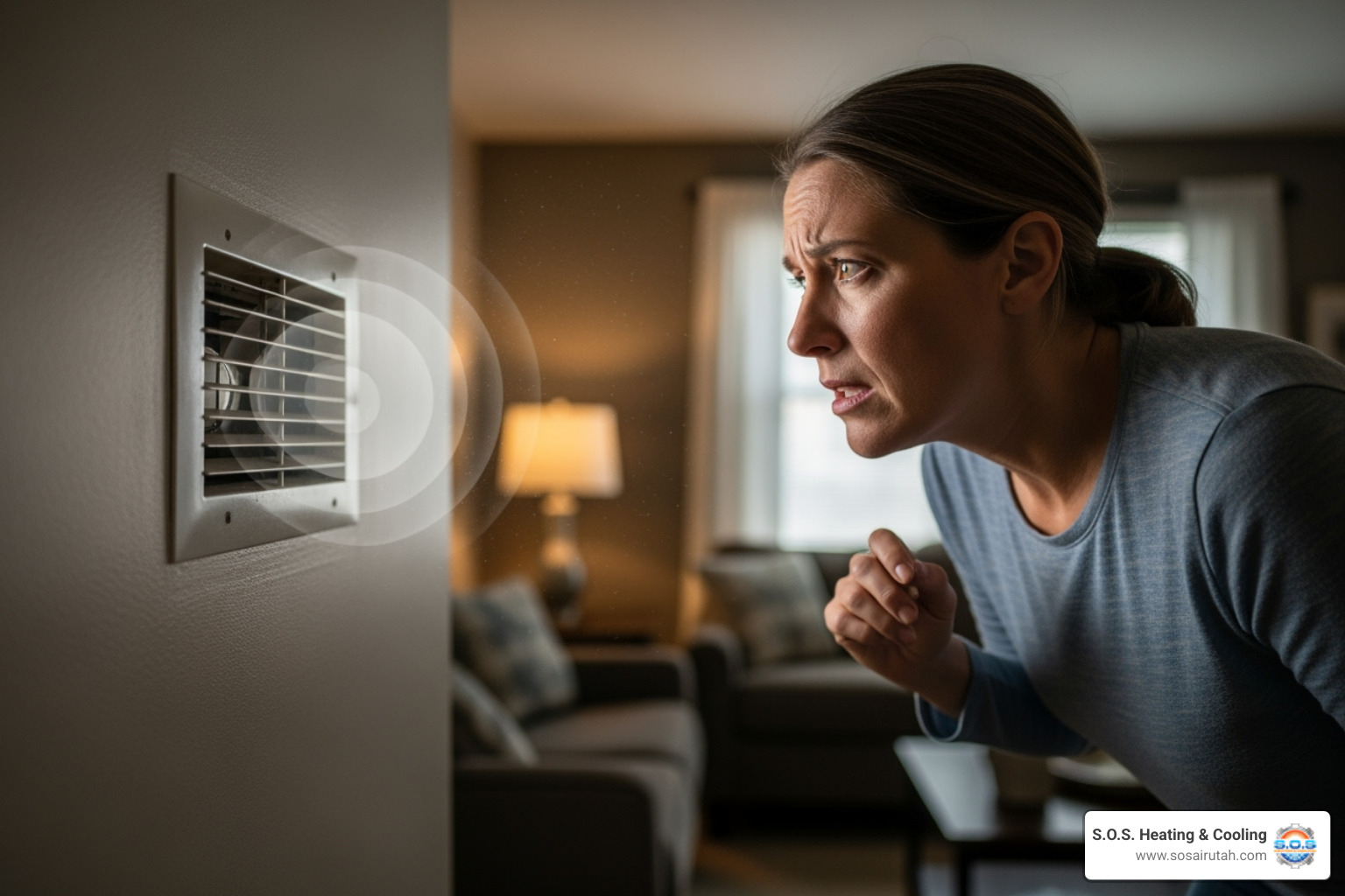 of a homeowner listening to a noisy air vent - ac maintenance salt lake city