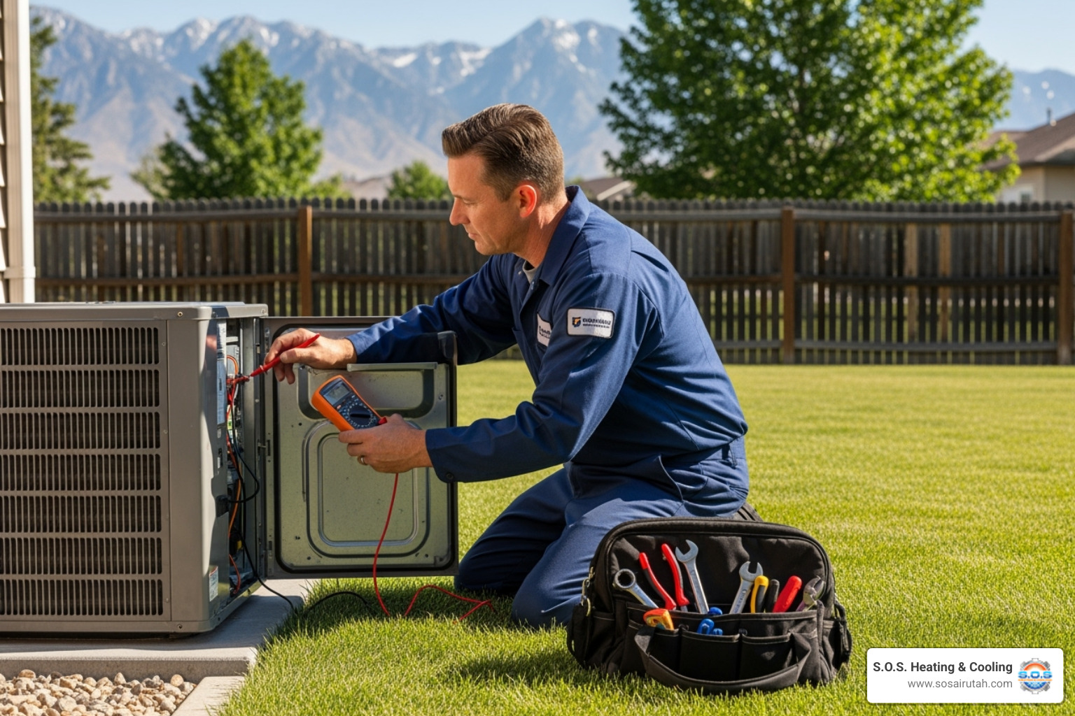 of a technician servicing an outdoor AC unit - ac maintenance salt lake city