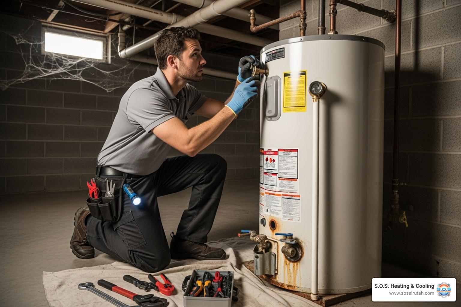 Technician inspecting an older water heater - water heater repair salt lake city
