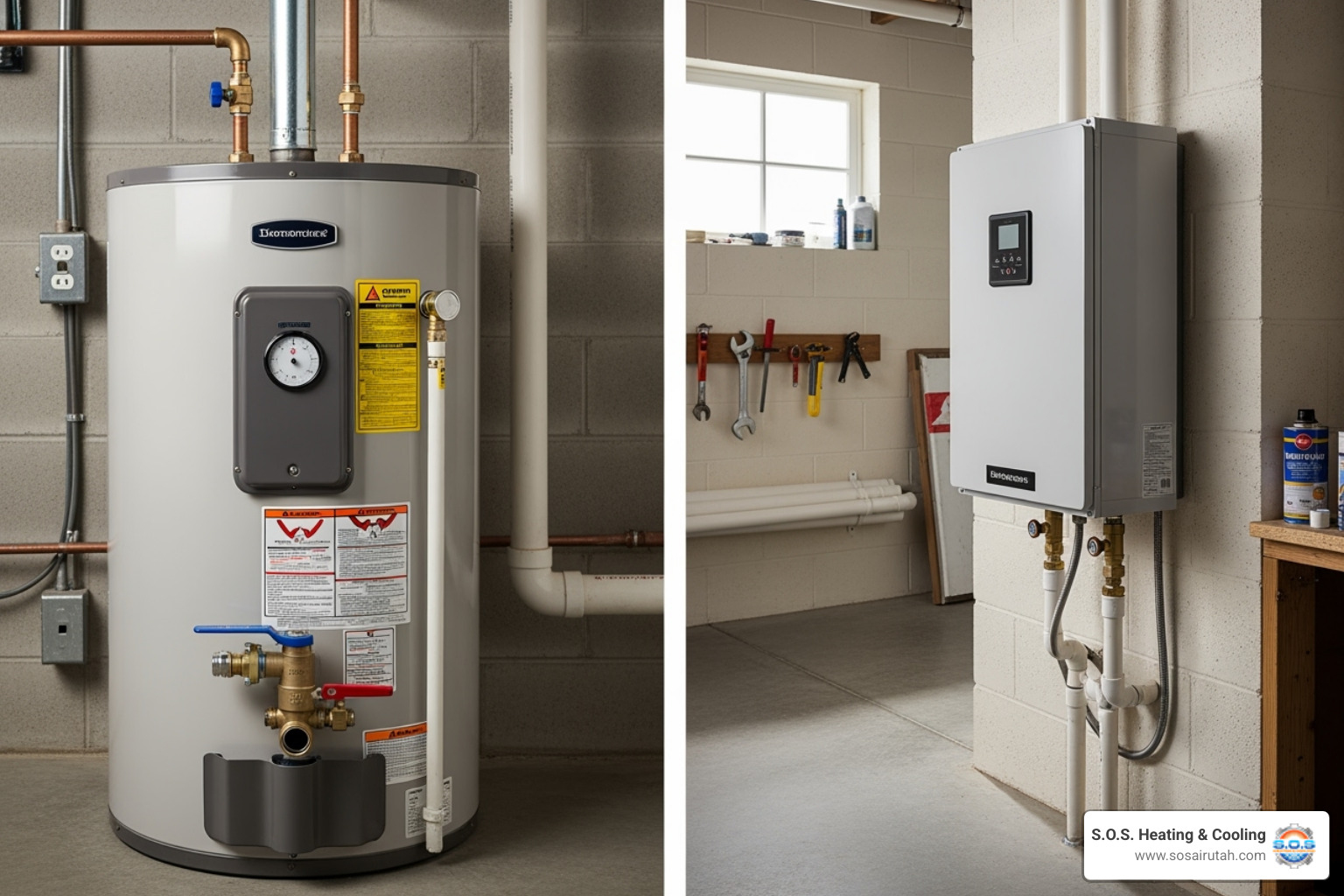 Traditional tank water heater next to a compact tankless unit - water heater repair salt lake city