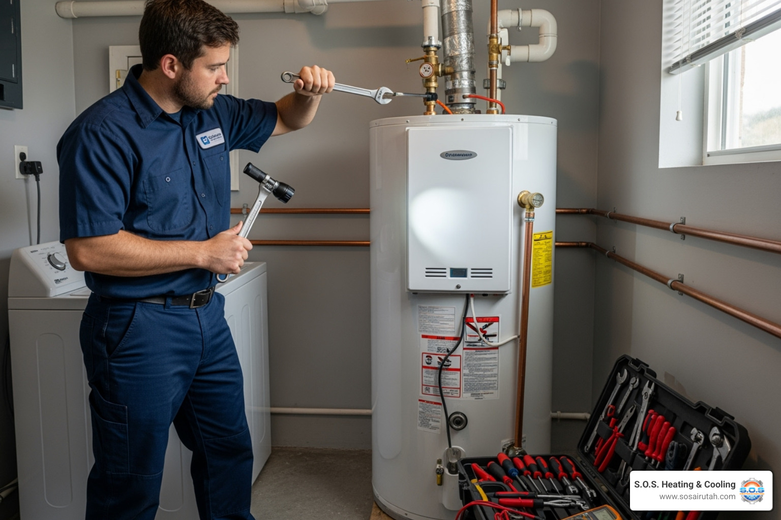 Technician performing water heater maintenance - water heater repair salt lake city