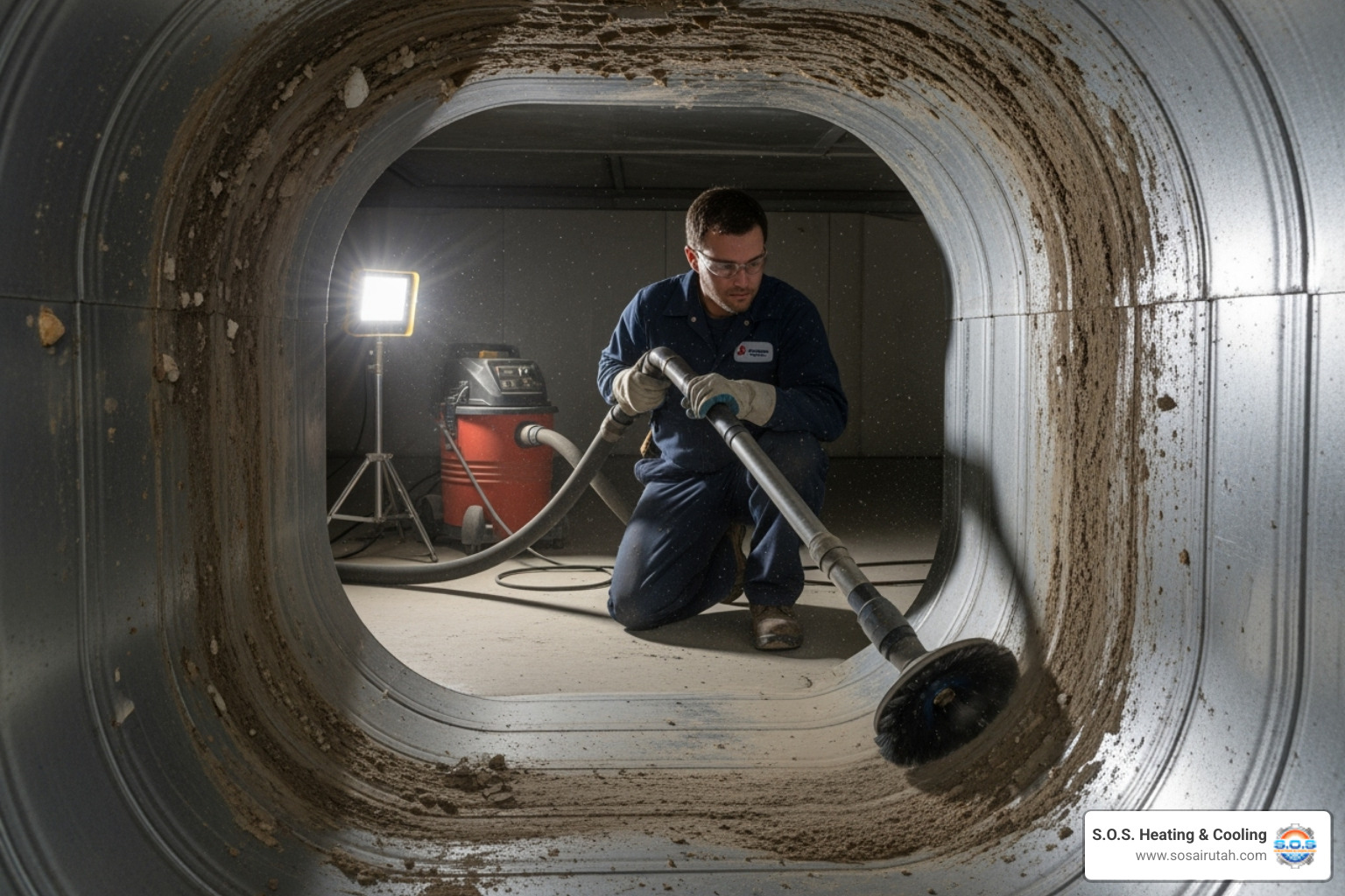 Professional technician using a long hose and brush tool inside an air duct - air vent cleaning utah