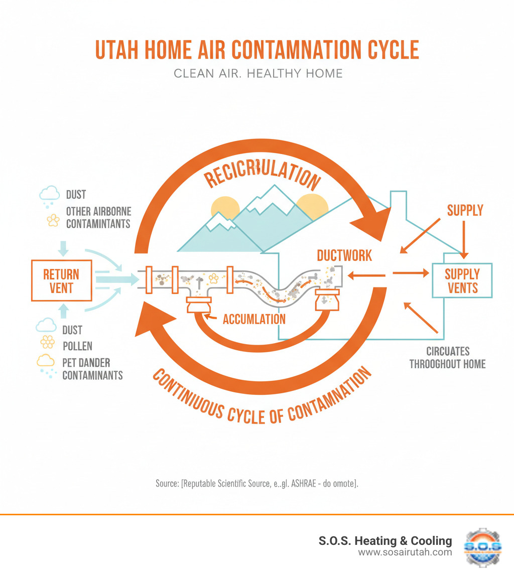Infographic showing how dust, pollen, pet dander, and other airborne contaminants enter through return vents, accumulate in ductwork, and circulate throughout a Utah home's HVAC system, with arrows indicating the continuous cycle of contamination - air vent cleaning utah infographic 