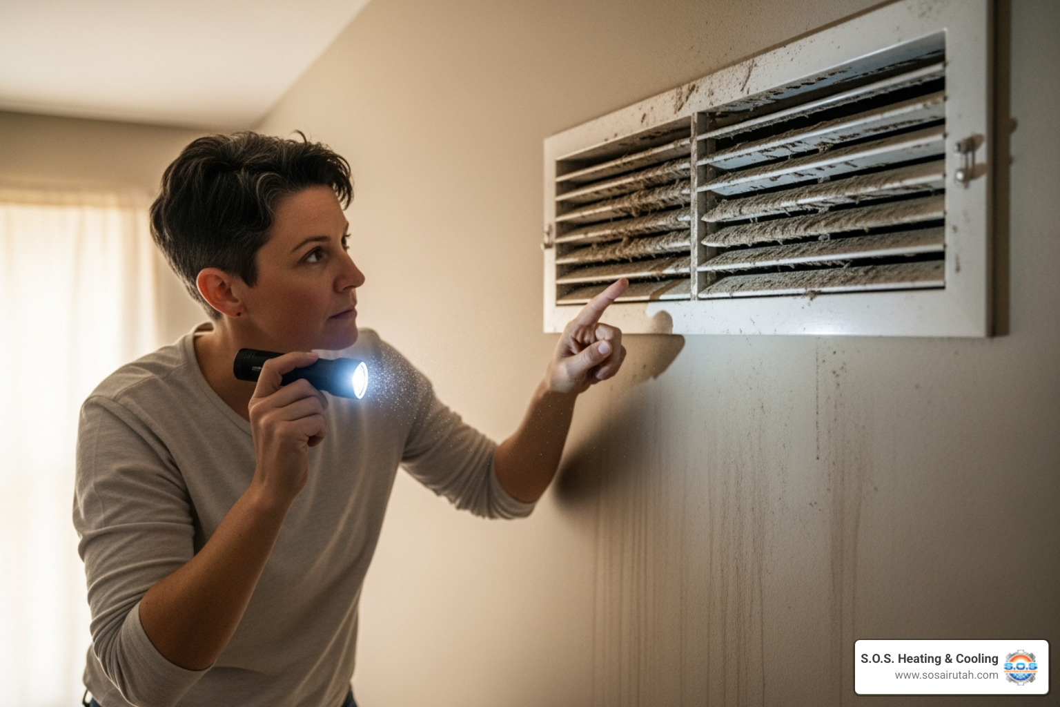 Homeowner inspecting a dusty air vent cover - air vent cleaning utah
