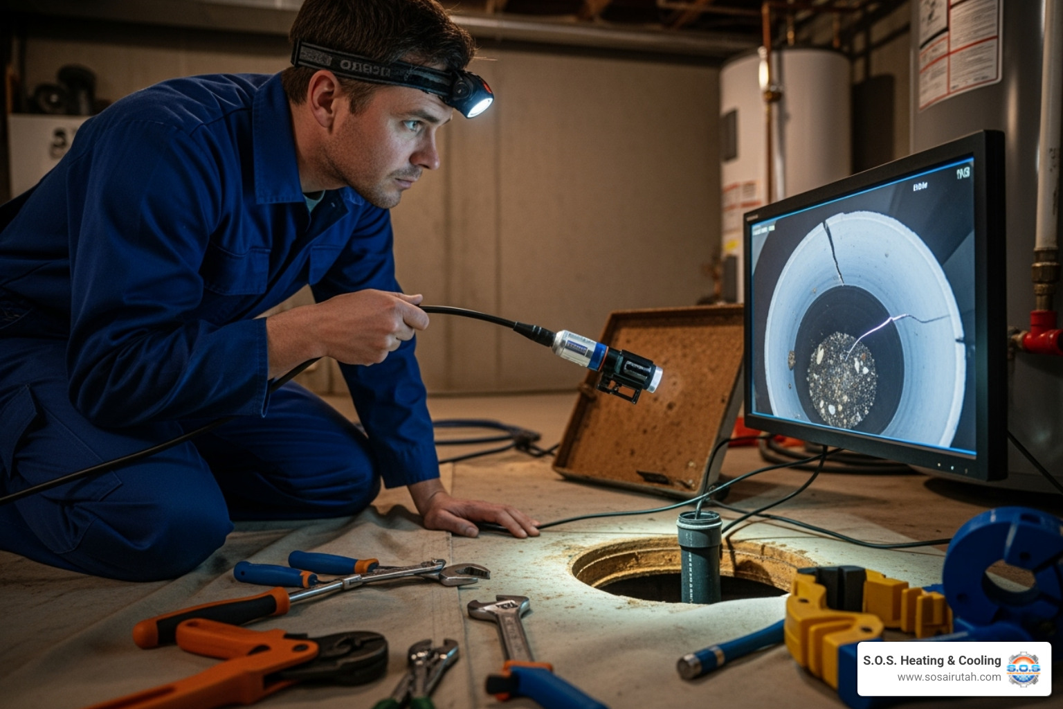 Image of a plumber using a video inspection camera - affordable drain cleaning utah