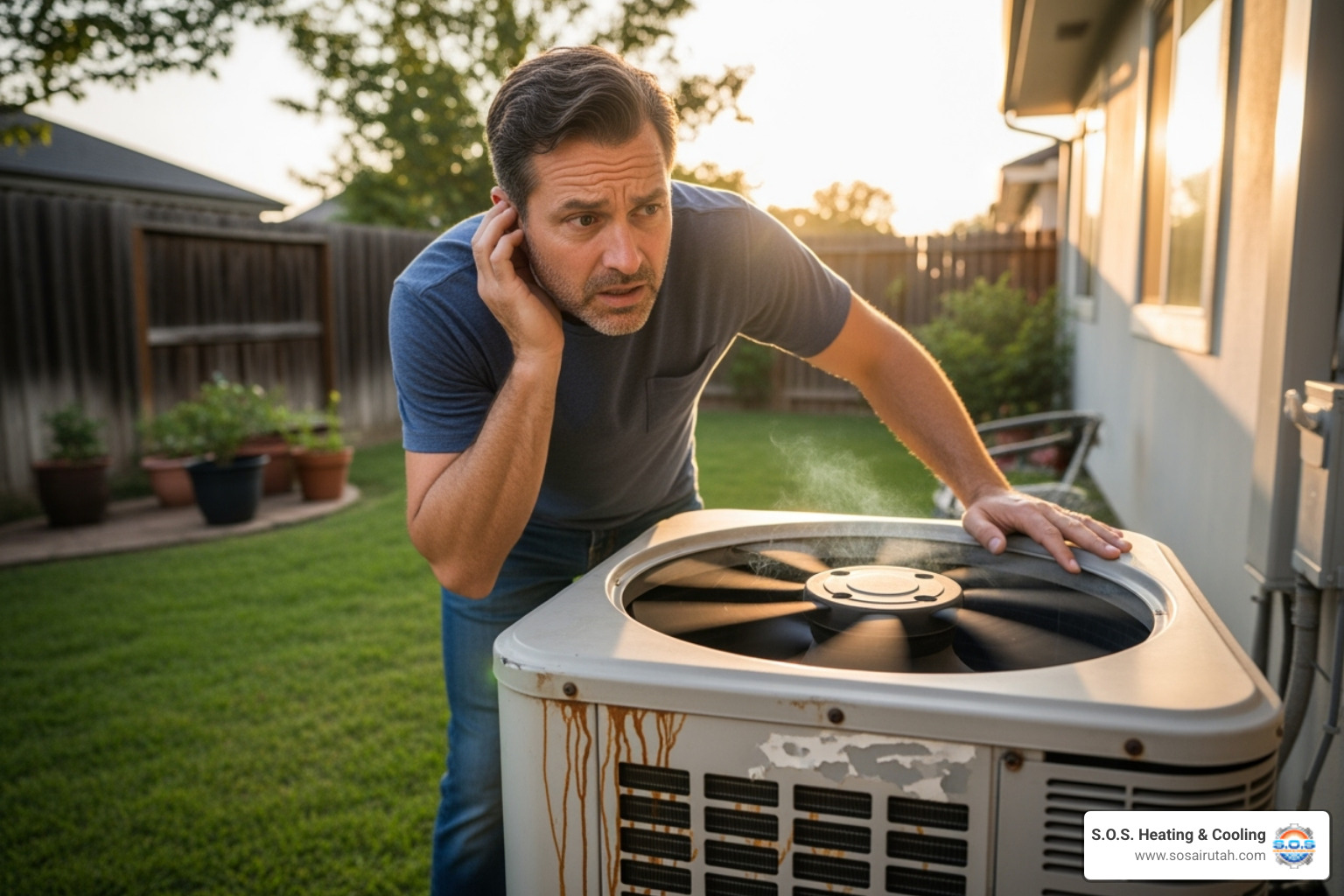 homeowner listening to a noisy outdoor AC unit - hvac maintenance utah homeowner listening to a noisy outdoor AC unit - hvac maintenance utah
