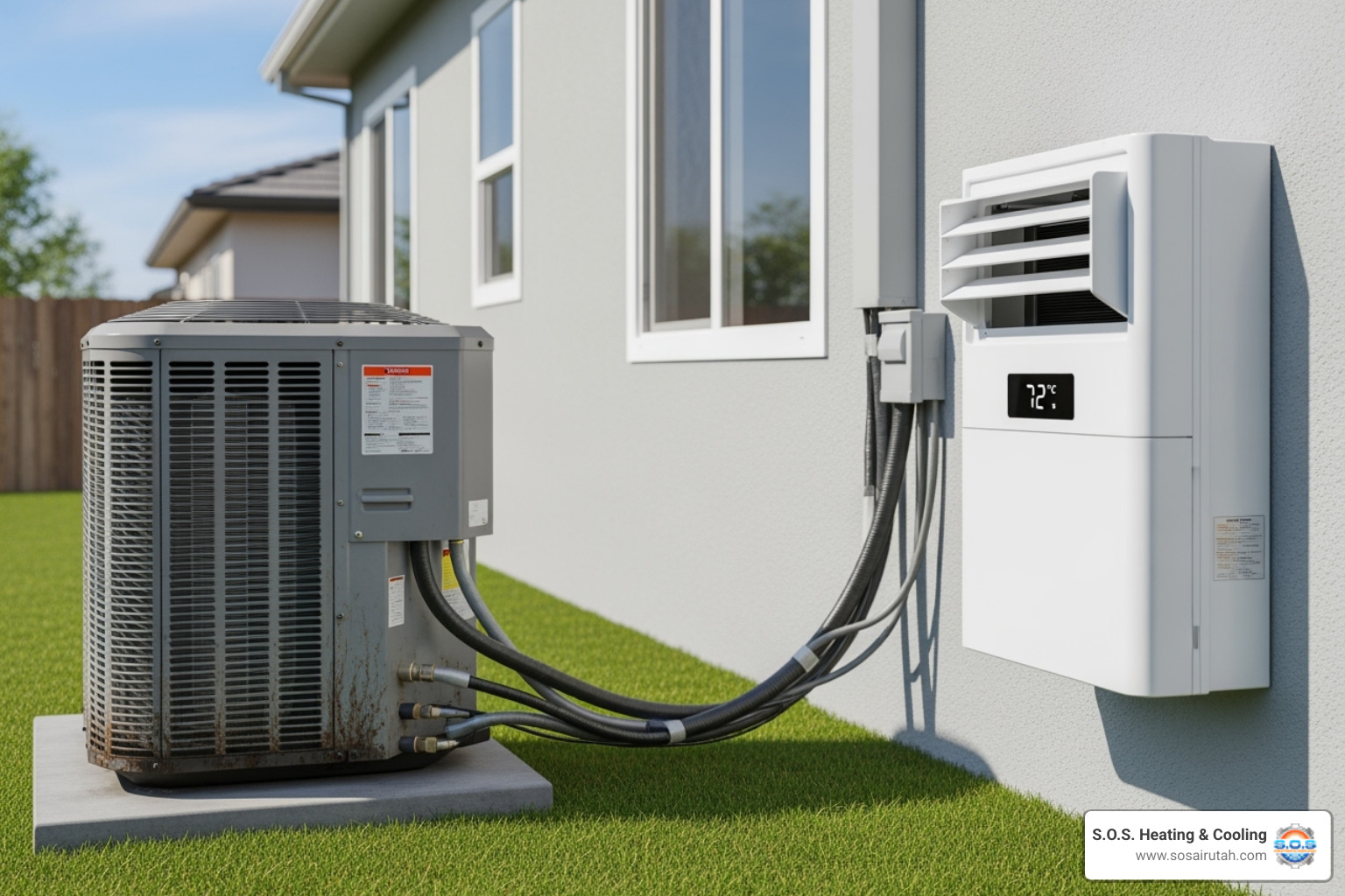 A central AC outdoor unit on the left, and a ductless mini-split indoor unit on the right - affordable ac installation utah