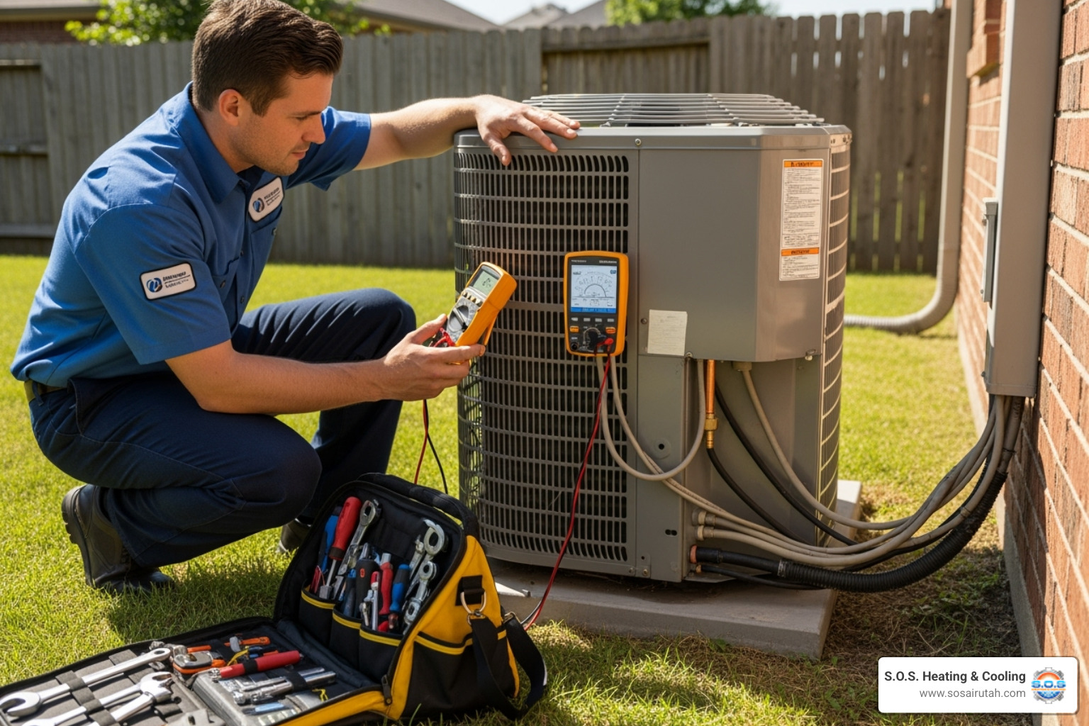 A professional HVAC technician inspecting an outdoor AC unit with tools - affordable ac installation utah
