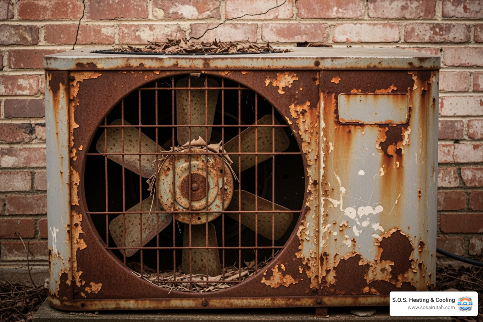 An old, rusty outdoor AC unit, showing signs of wear and age - affordable ac installation utah