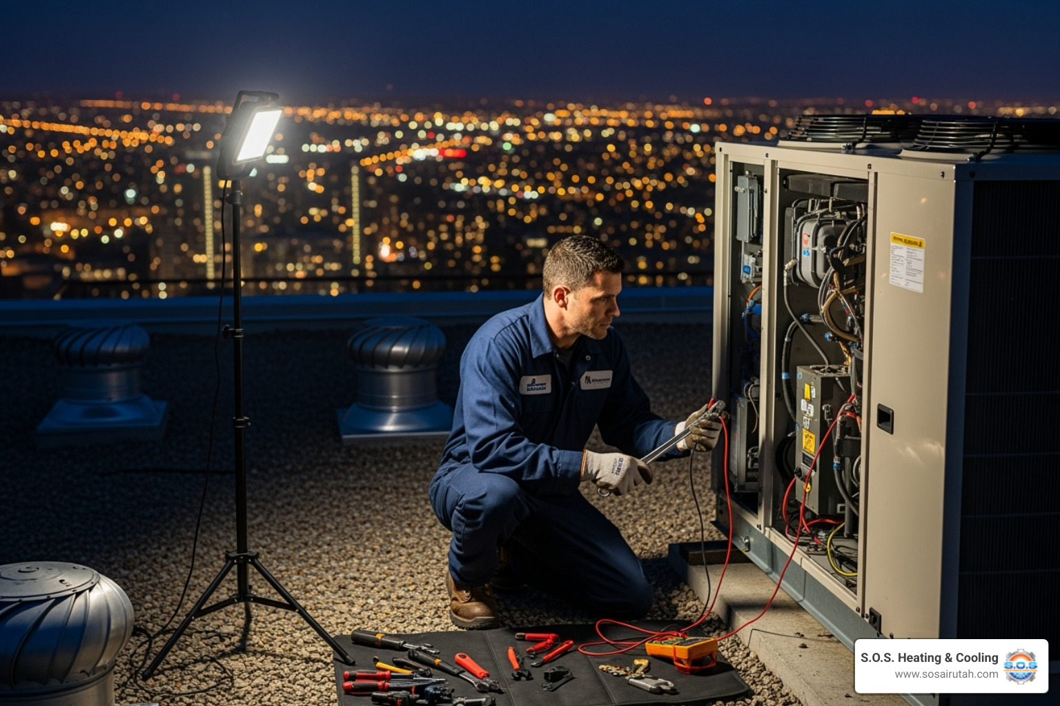 technician working on commercial AC unit at night - commercial ac repair utah