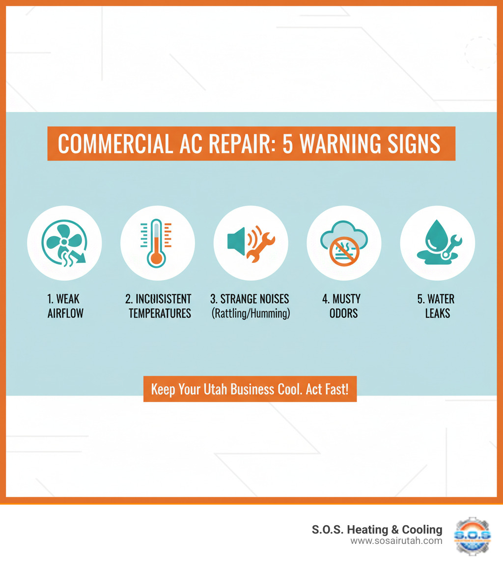 Infographic showing the top 5 warning signs that indicate a commercial AC system needs immediate repair: weak airflow from vents, inconsistent temperature zones throughout the building, strange rattling or humming noises from the unit, unpleasant musty odors coming from air vents, and visible water leaks or moisture pooling around the AC equipment - commercial ac repair utah infographic 