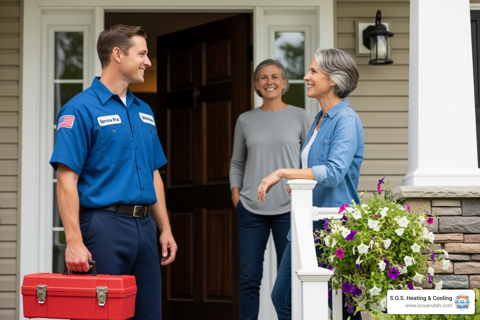 A professional, friendly technician talking to a homeowner at their door, carrying a toolbox and wearing a company uniform. - best furnace repair salt lake