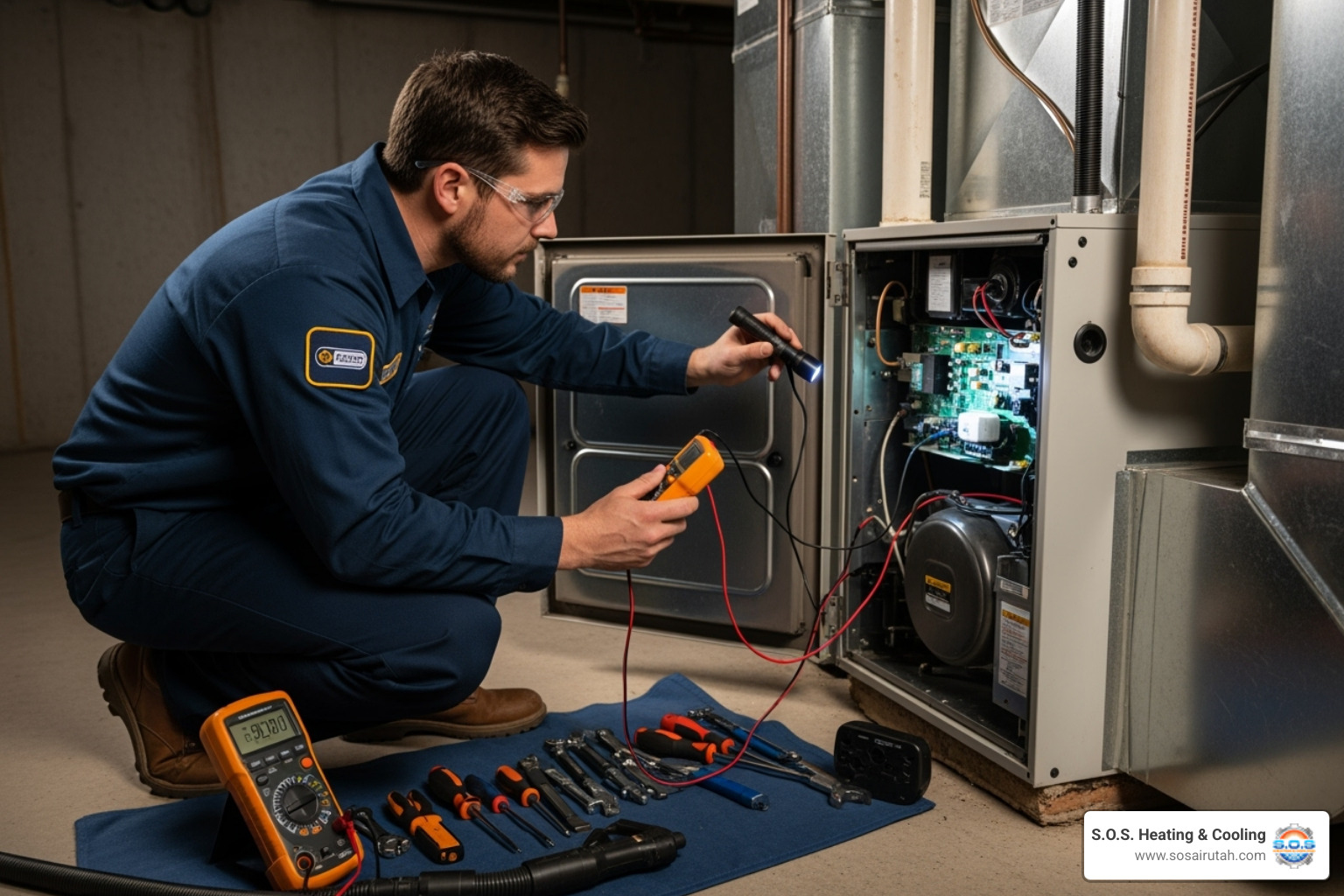 A technician wearing a uniform and safety glasses, with tools, performing a furnace tune-up and inspection. - best furnace repair salt lake