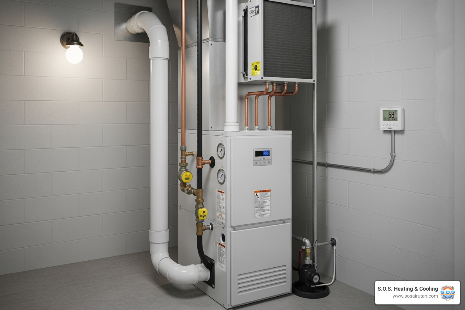 A modern, high-efficiency gas furnace with visible piping and controls, installed in a clean utility space. - best furnace repair salt lake