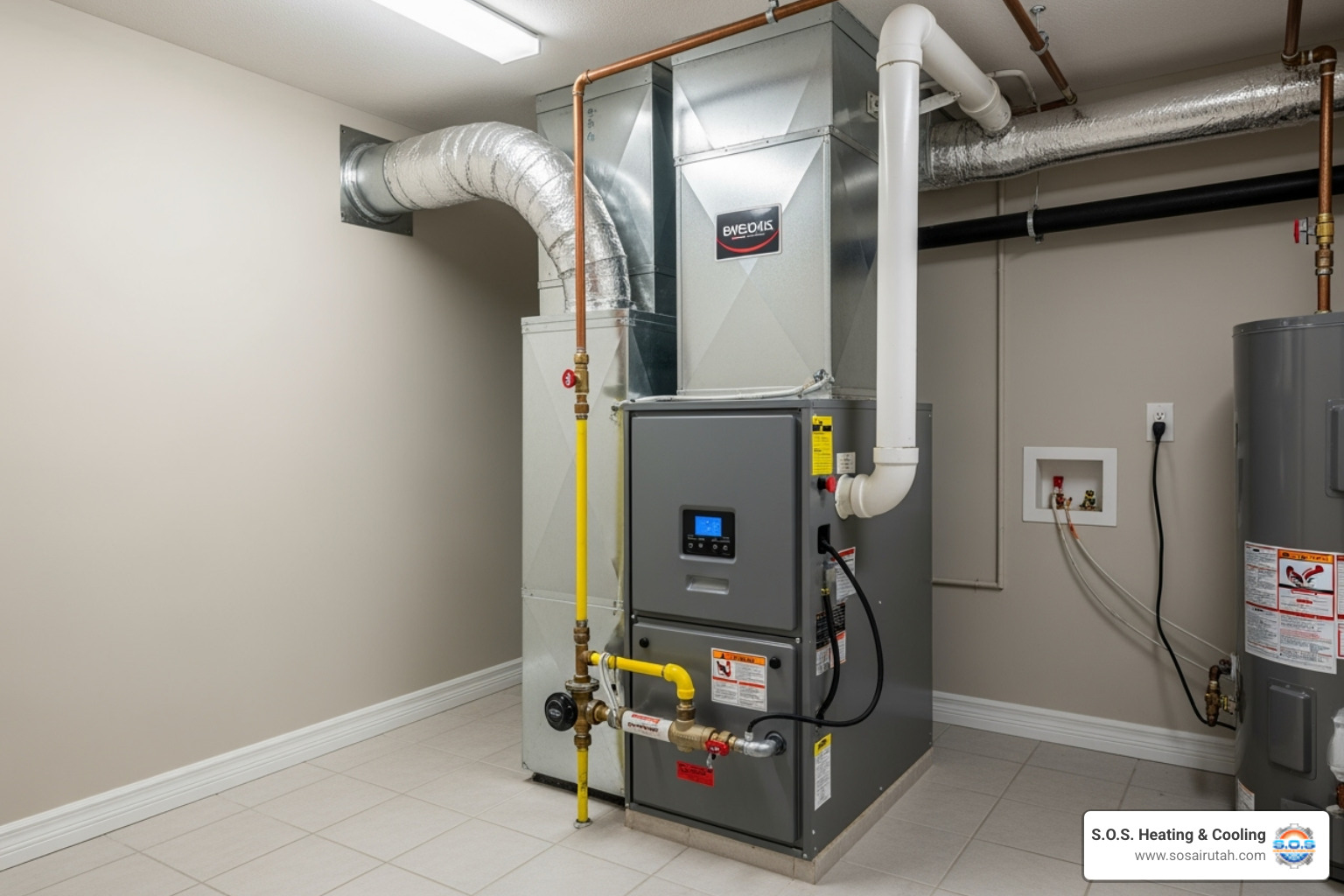 A modern, high-efficiency gas furnace unit in a clean utility room - best furnace installation salt lake