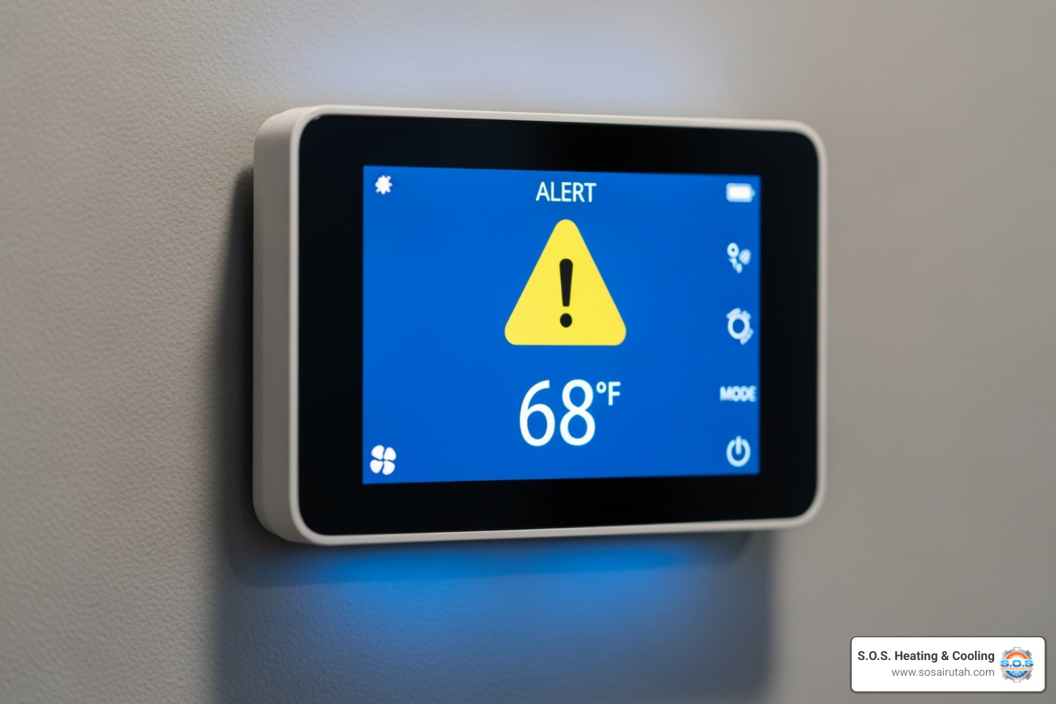 Digital thermostat displaying an alert icon - commercial ac maintenance utah