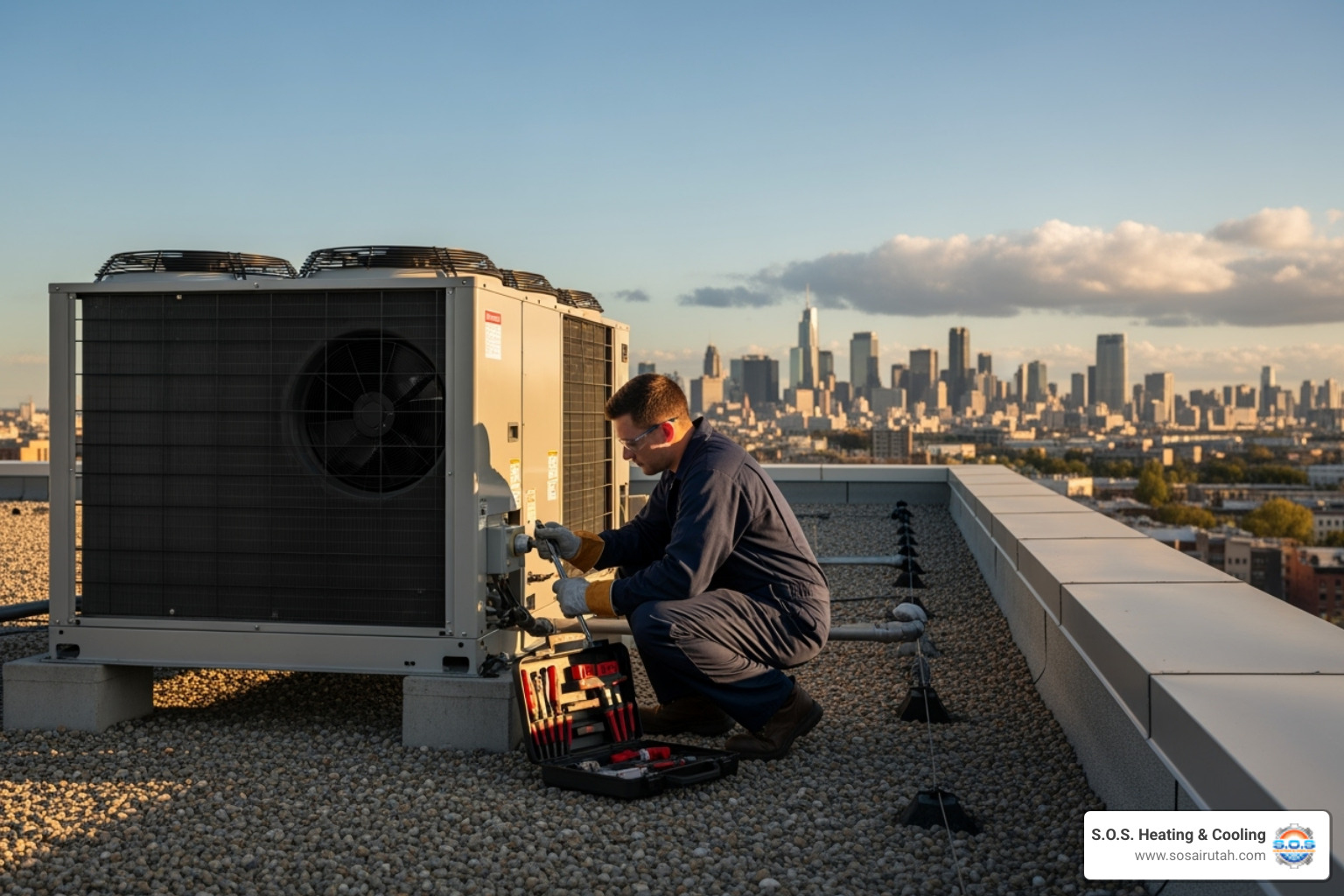 Technician in uniform servicing a commercial AC unit on a rooftop - commercial ac maintenance utah