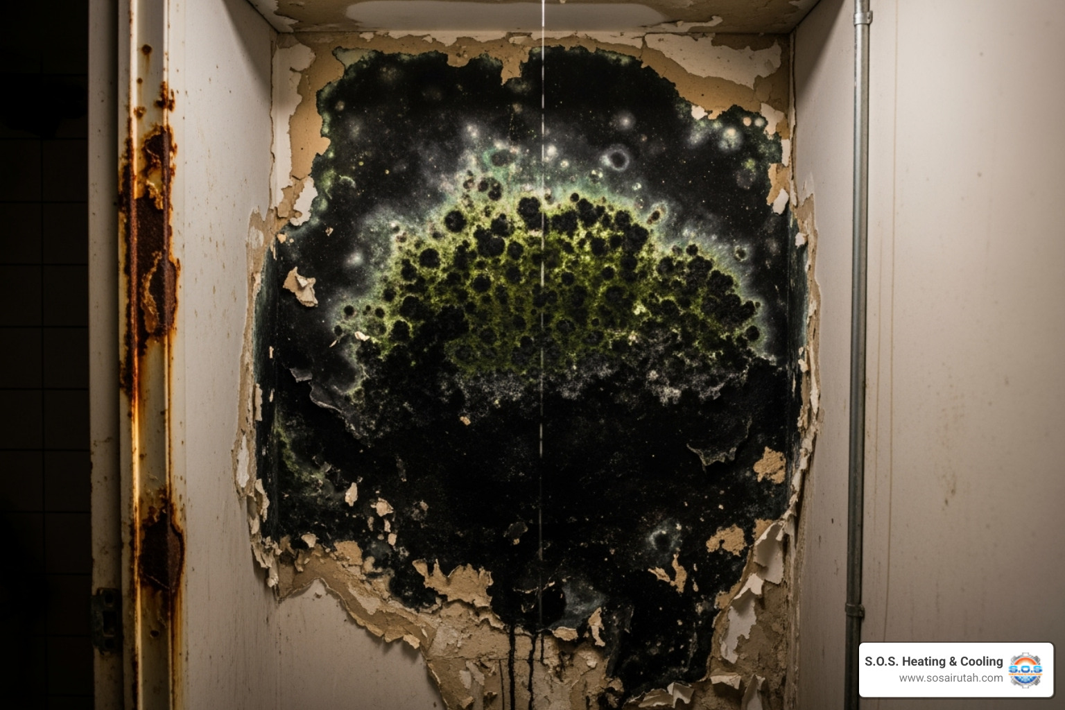 Image of water damage and mold on a wall near a utility closet - emergency water heater repair utah