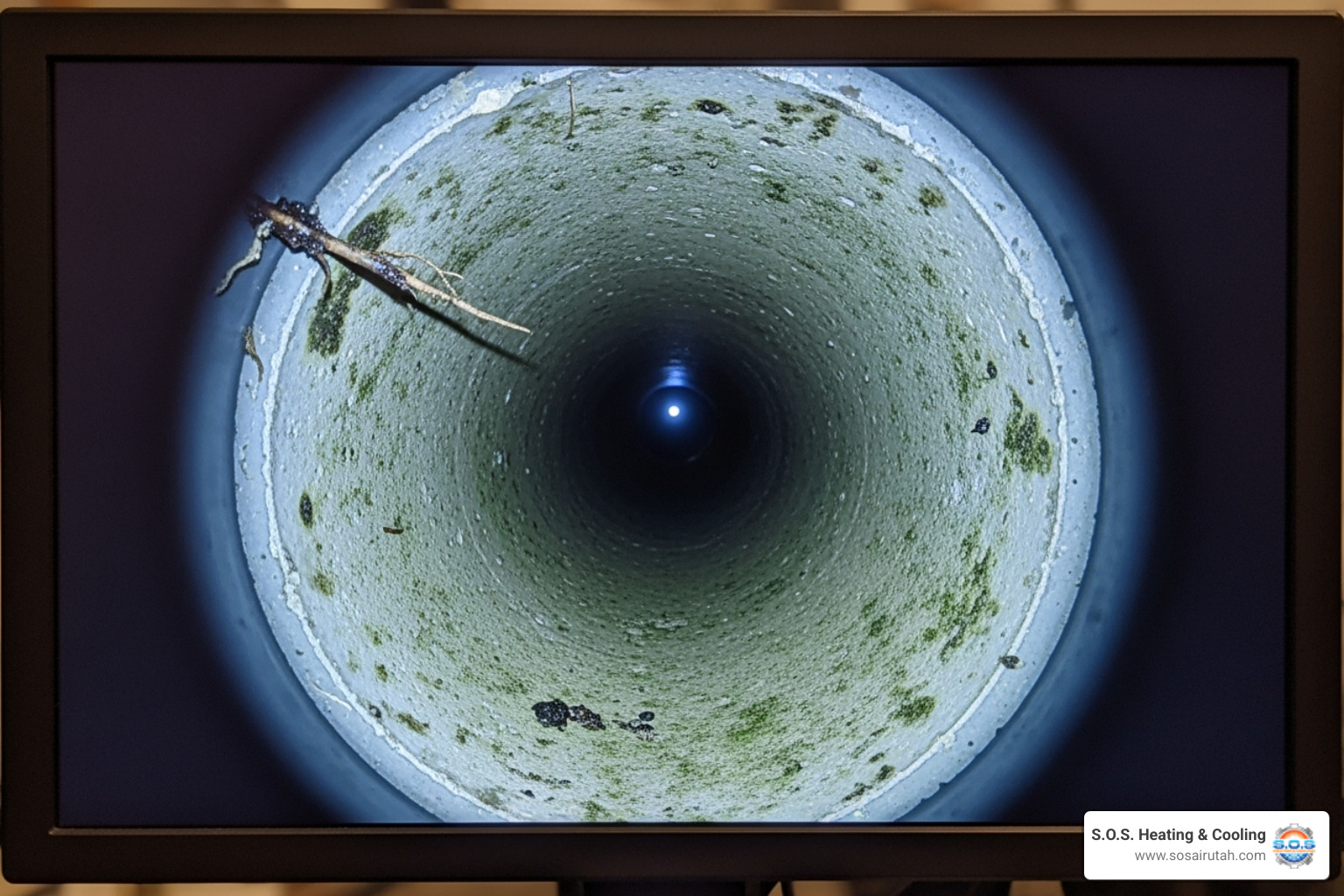 Clear video camera inspection feed showing a pipe interior with a minor obstruction - drain cleaning salt lake city