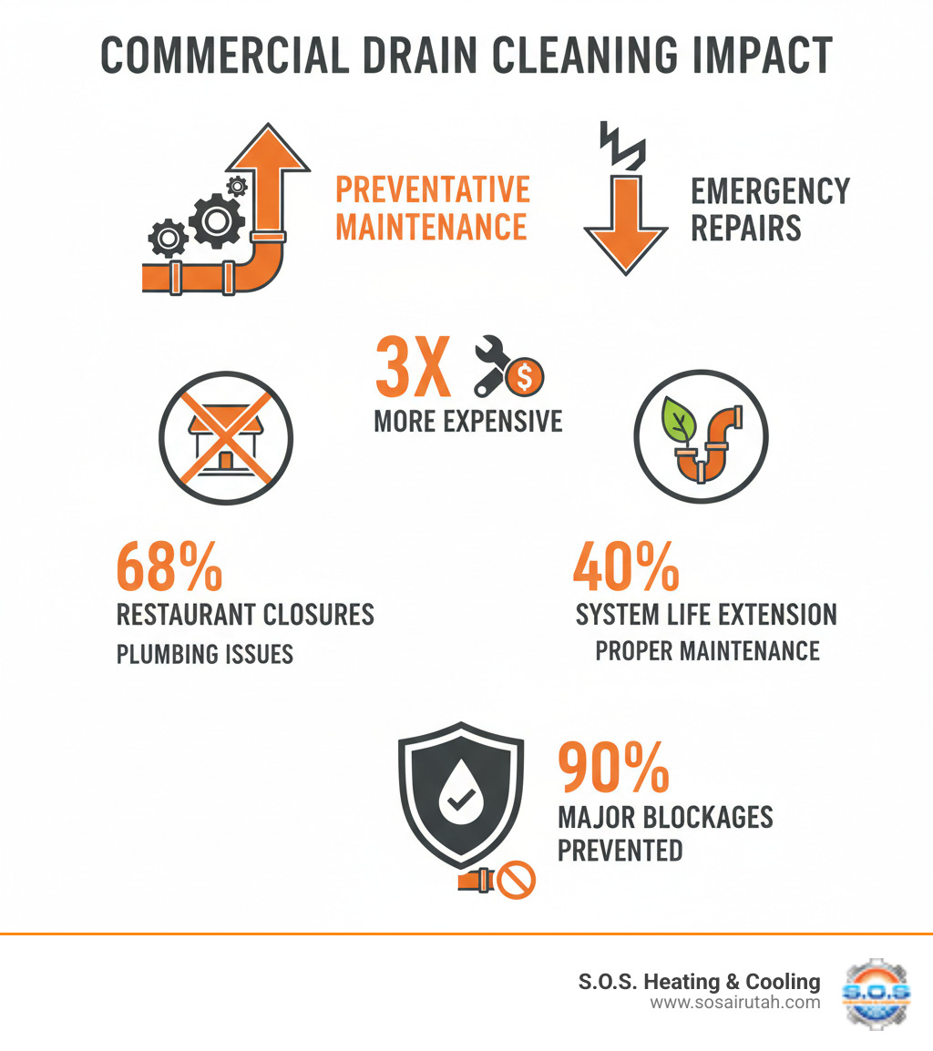 Infographic showing commercial drain cleaning impact: Emergency repairs cost 3x more than preventative maintenance, 68% of restaurant closures involve plumbing issues, proper maintenance extends system life by 40%, and regular cleaning prevents 90% of major blockages - drain cleaning salt lake city infographic 