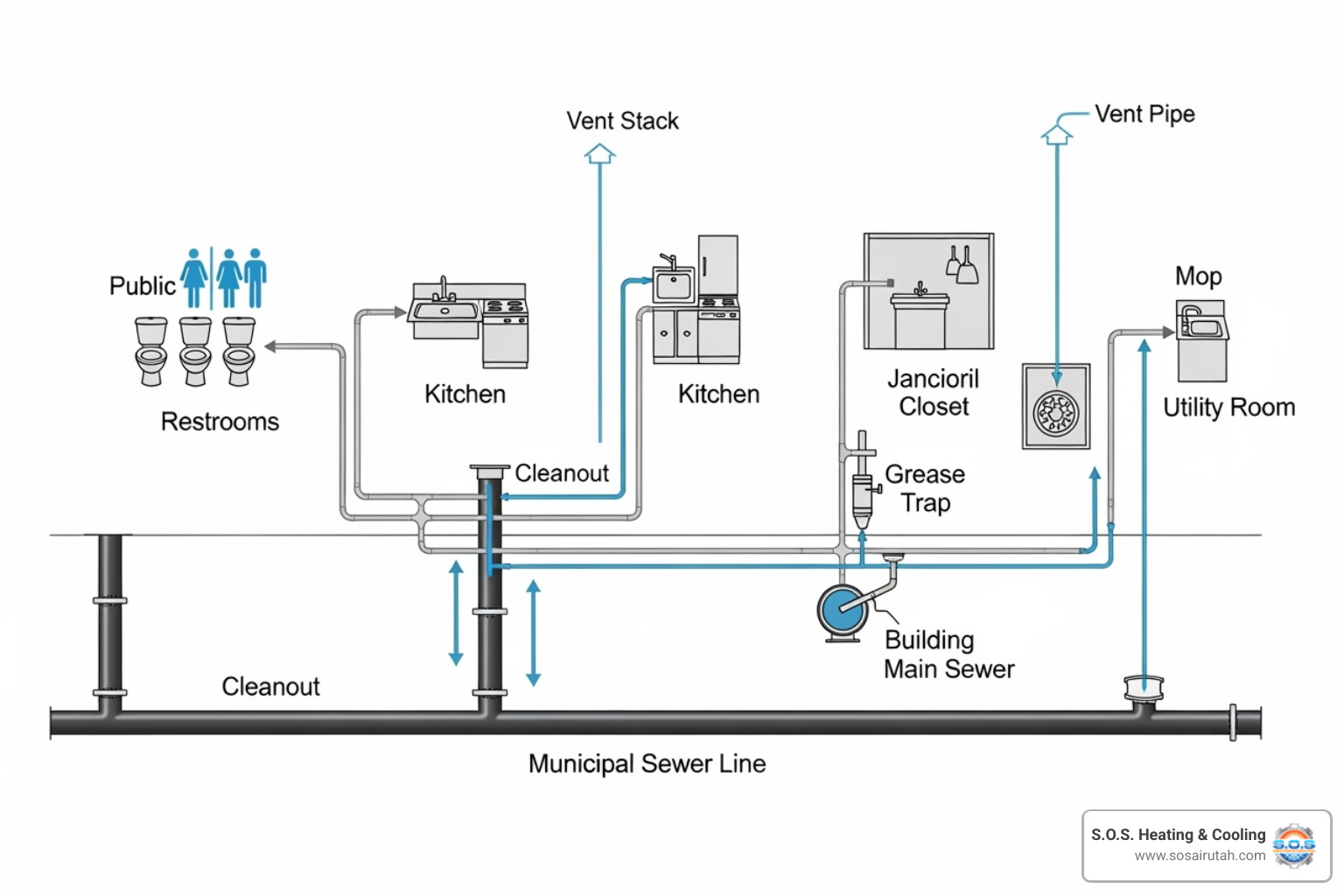 Diagram showing a main sewer line versus individual drain lines in a commercial building - drain cleaning salt lake city