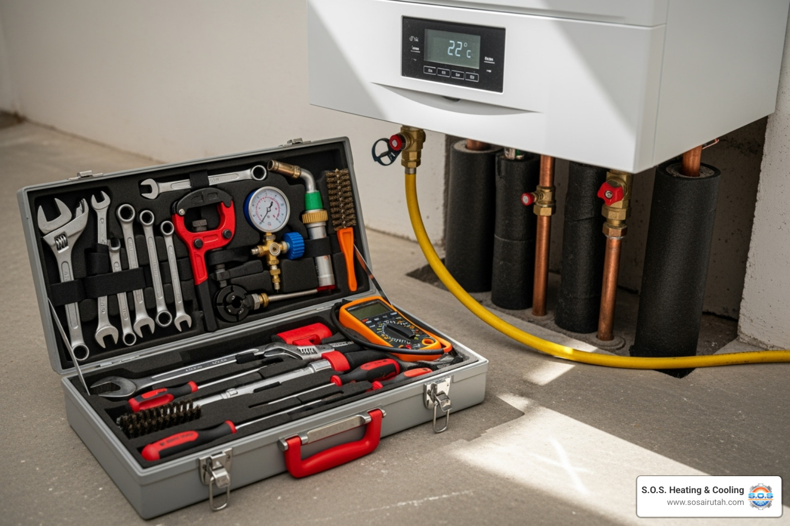 A technician's toolkit lies open next to a boiler, showcasing specialized tools for maintenance and repair. - boiler maintenance salt lake