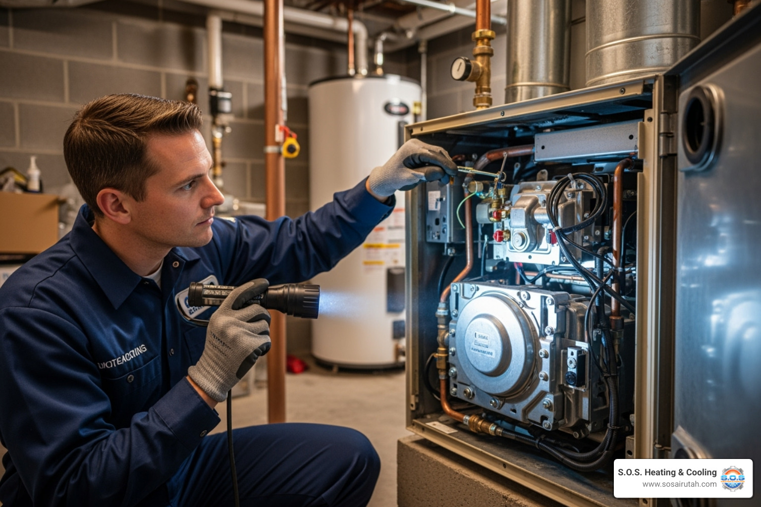 A professional technician inspects a boiler component, highlighting the detailed work involved in maintenance. - boiler maintenance salt lake