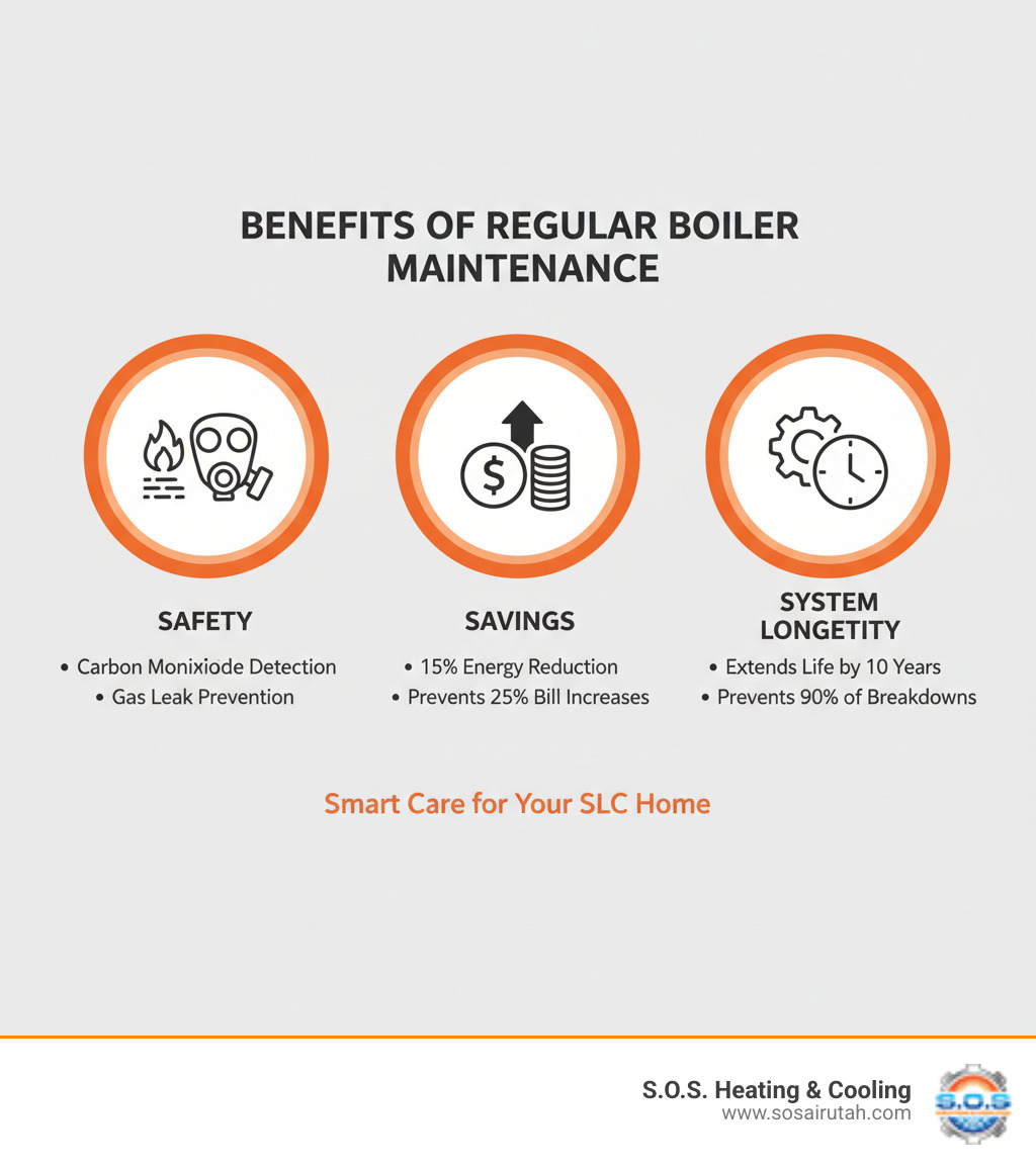 Infographic showing three key benefits of regular boiler maintenance: Safety (carbon monoxide detection, gas leak prevention), Savings (15% energy reduction, prevents 25% bill increases), and System Longevity (extends life by 10 years, prevents 90% of breakdowns) - boiler maintenance salt lake infographic 