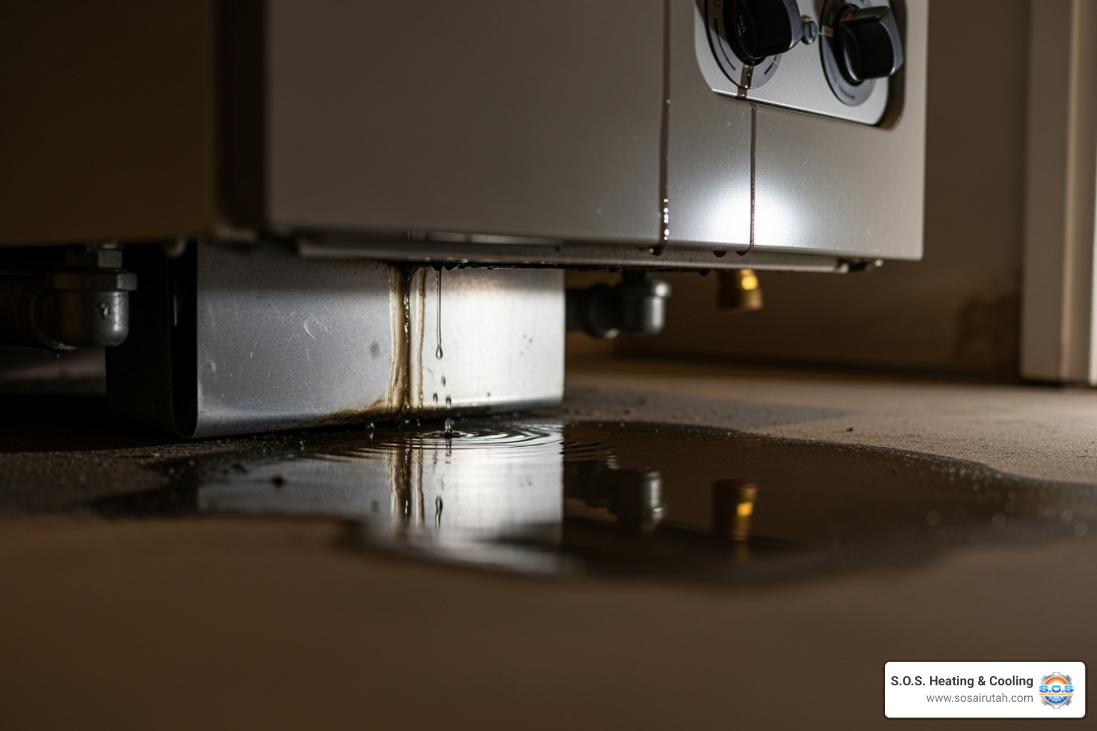 A small puddle of water gathers at the base of a residential boiler, indicating a leak that requires immediate attention. - boiler maintenance salt lake