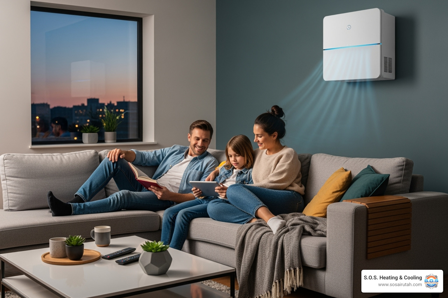 family enjoying a cool room with a ductless unit visible - ductless ac installation utah