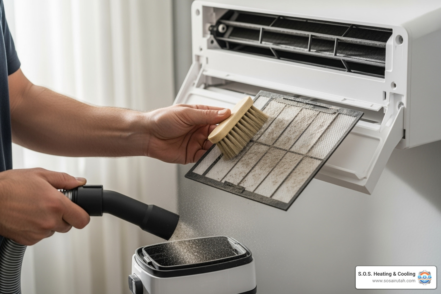 technician cleaning the filter of an indoor ductless unit - ductless ac installation utah