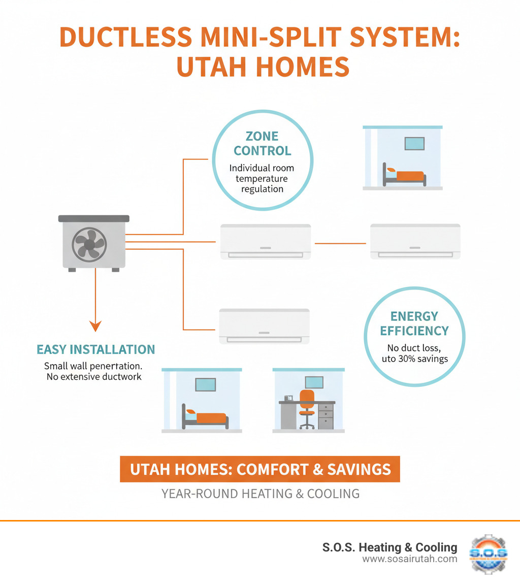 Comprehensive infographic showing ductless mini-split system components including outdoor compressor unit connected via refrigerant lines to multiple indoor wall-mounted air handlers, with callouts explaining zone control capabilities, energy efficiency benefits, and installation requirements for Utah homes - ductless ac installation utah infographic 