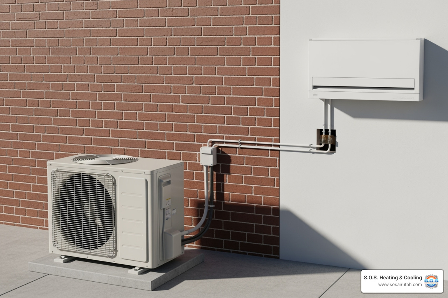 outdoor compressor unit connected to an indoor wall-mounted unit - ductless ac installation utah