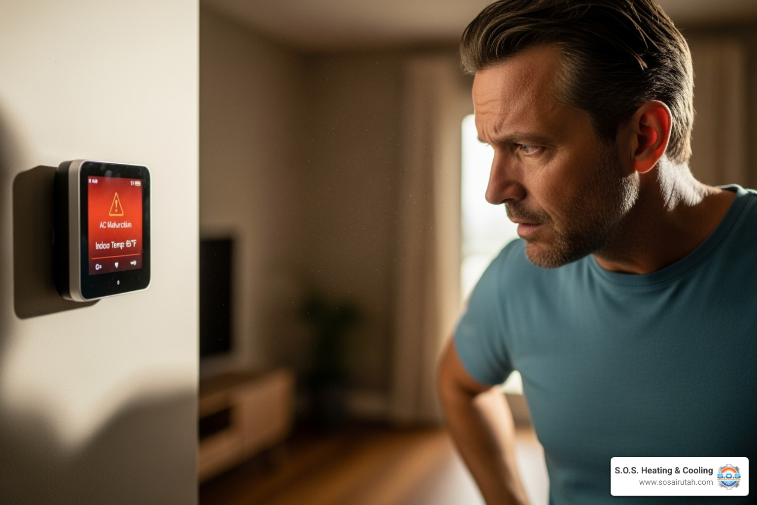 A homeowner looking concerned at a thermostat, indicating AC problems - ac unit repair utah