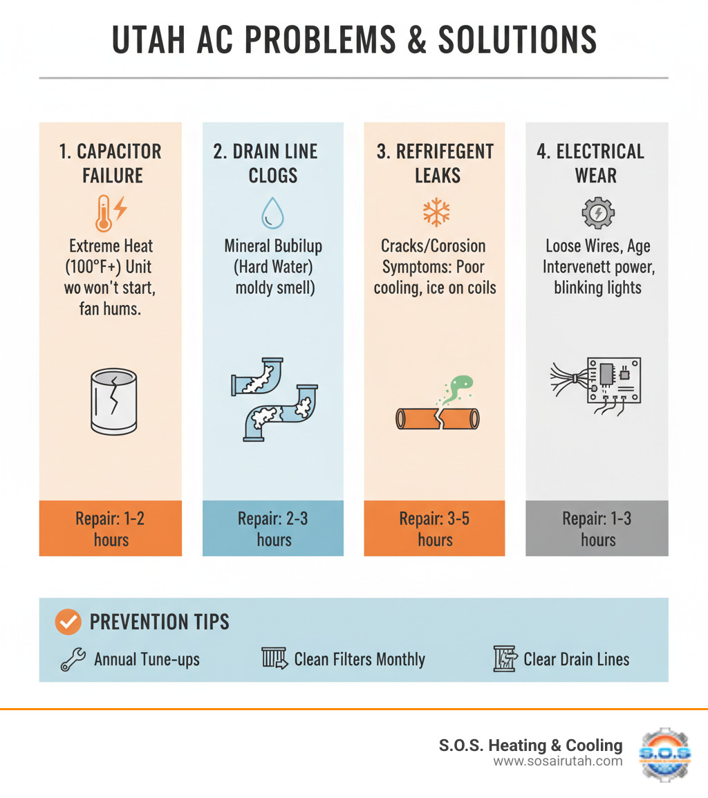 Comprehensive infographic showing common Utah AC problems including capacitor failure from extreme heat, mineral buildup in drain lines, refrigerant leaks, and electrical component wear, with repair timelines and prevention tips - ac unit repair utah infographic 