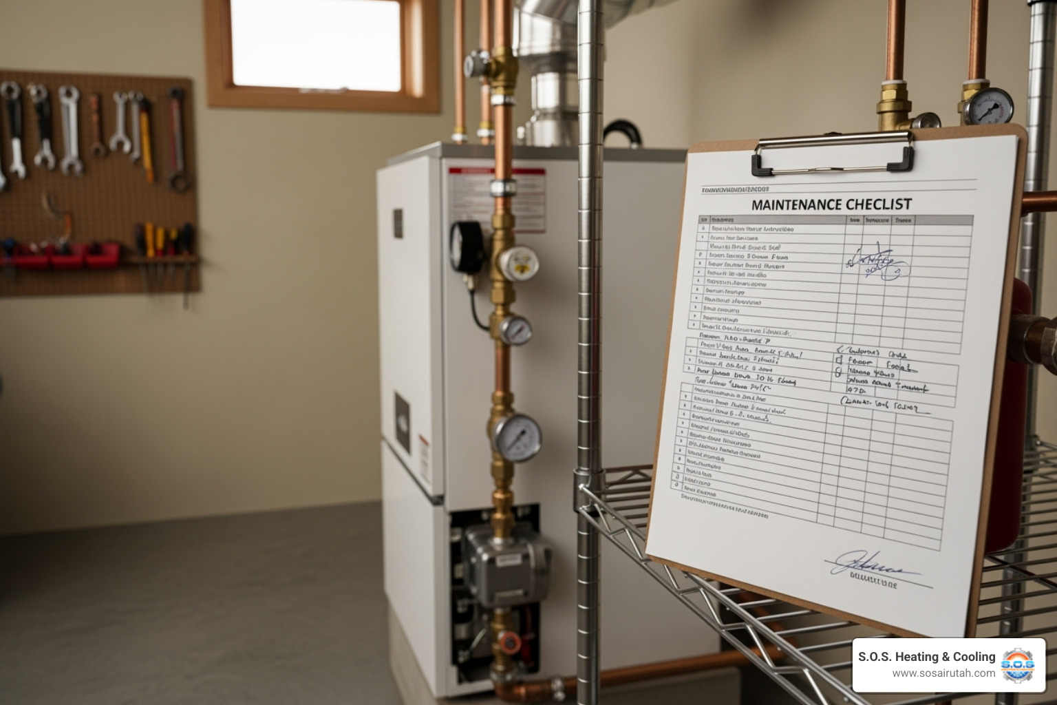 of a maintenance checklist on a clipboard next to a clean, well-maintained boiler - boiler repair utah