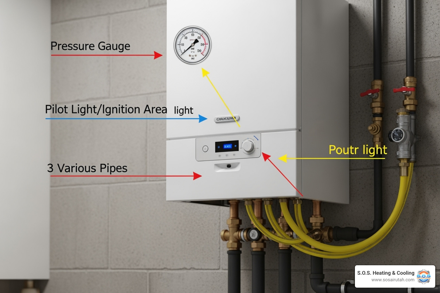 of a residential boiler with callout arrows pointing to the pressure gauge, pilot light, and pipes - boiler repair utah