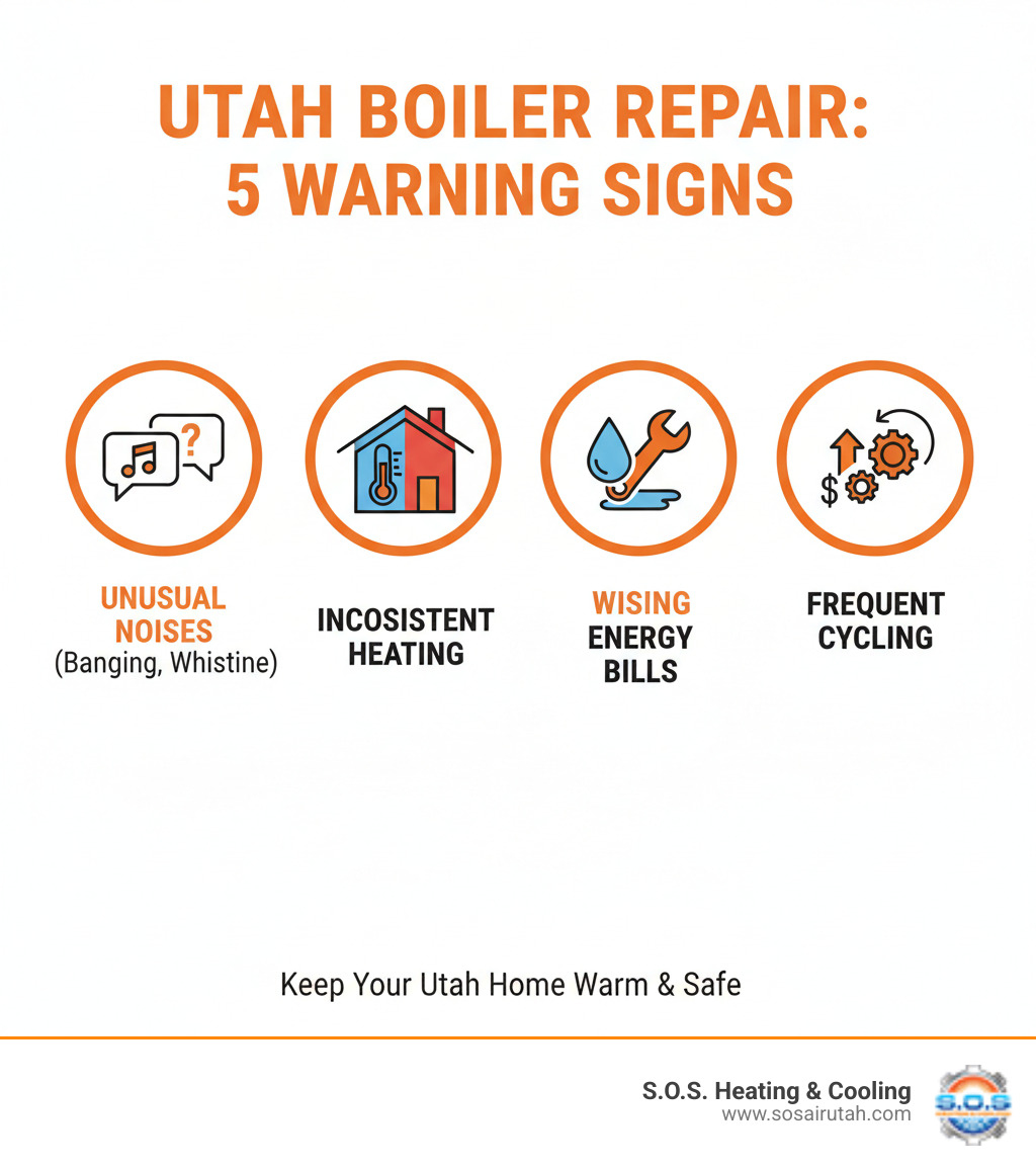 Infographic showing the top 5 warning signs that indicate a boiler needs repair in Utah, including unusual noises like banging and whistling, inconsistent heating across rooms, water leaks around the unit, rising energy bills, and frequent system cycling - boiler repair utah infographic 