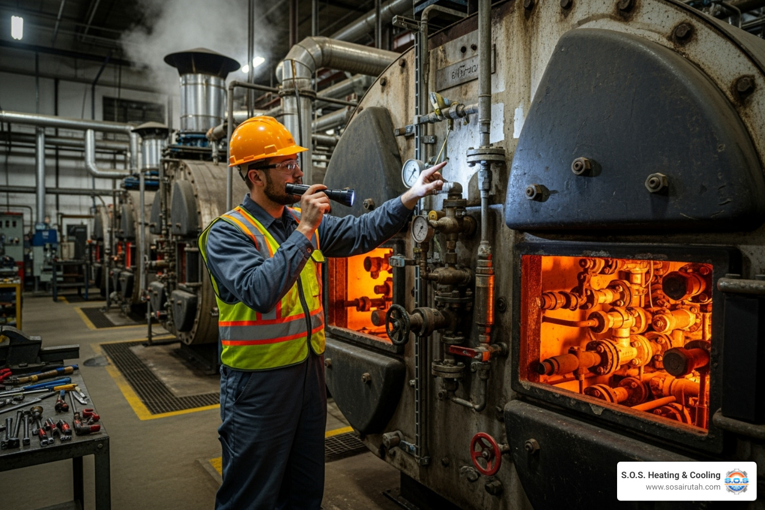 of a technician professionally inspecting a large commercial boiler system - boiler repair utah