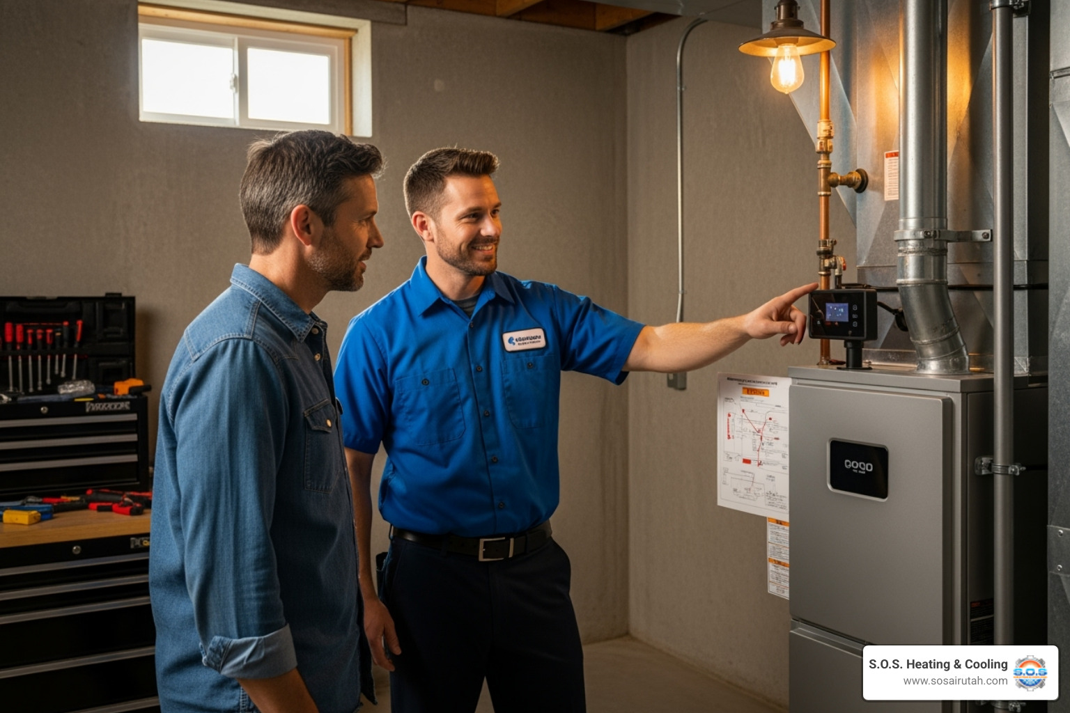 HVAC technician explaining new furnace features - heating system replacement salt lake