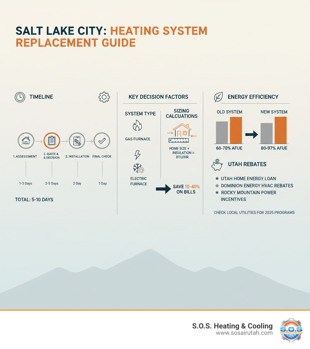 Infographic showing the complete heating system replacement process in Salt Lake City, including timeline from initial assessment through final installation, key decision factors like system type selection and sizing calculations, energy efficiency benefits with AFUE ratings comparison, and local rebate opportunities available to Utah homeowners - heating system replacement salt lake infographic 