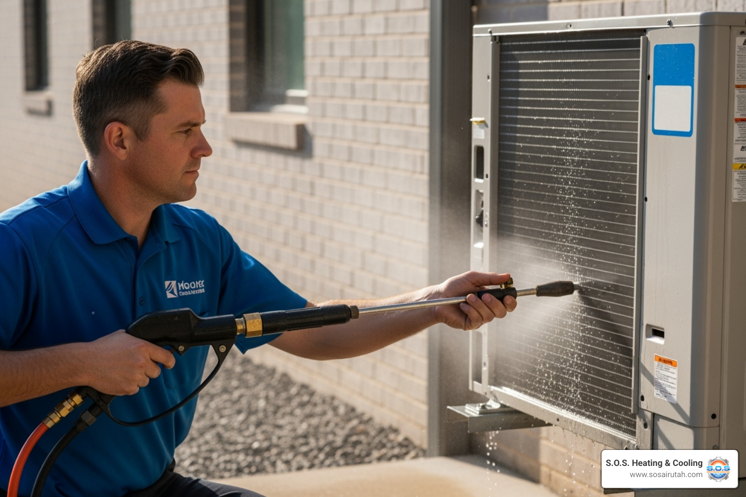 technician cleaning outdoor ductless unit coils - ductless ac maintenance utah